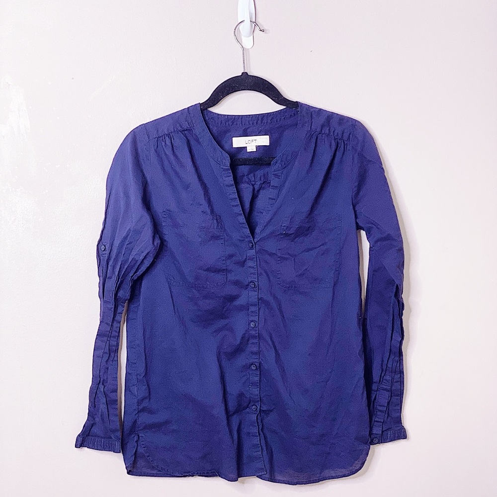 Loft Navy Blue V Neck Longsleeve Button Down